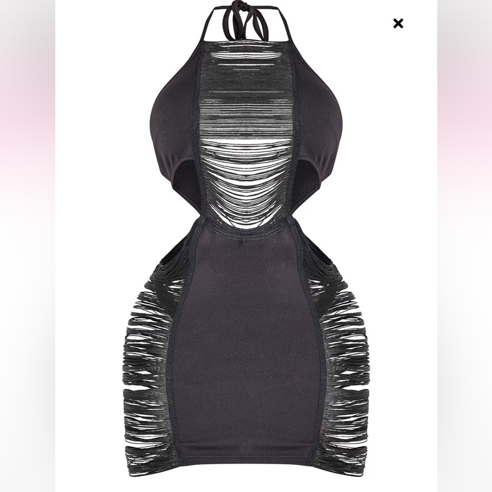 PRETTY LITTLE THINGS Shape Black Fringe Detail Cut Out Halterneck Bodycon Dress